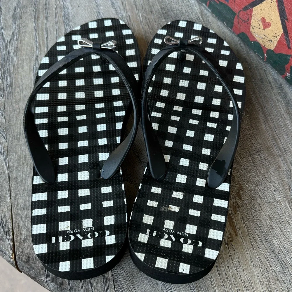 Coach Amel Sandals‎ Flop Flops Gingham Silver Bow